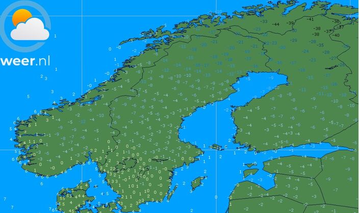 Minimumtemperaturen in Fennoscandia afgelopen nacht. Een afgeronde -44 is te zien in Noord-Noorwegen!