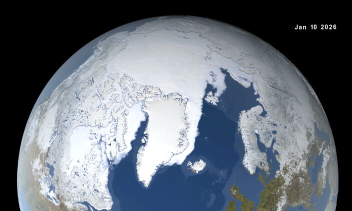 Hoeveelheid zee-ijs in noordpoolgebied op 10 januari 2026 in beeld gebracht door NASA