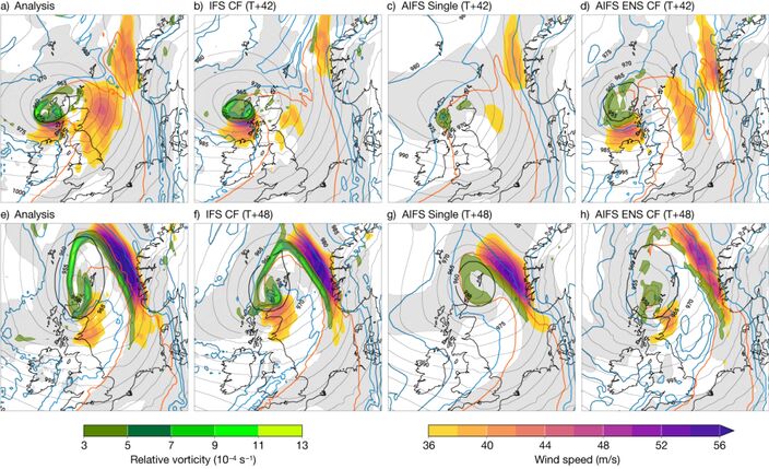 Foto gemaakt door ECMWF - De situatie tijdens storm Amy voor van links naar rechts de analyse, het numerieke model, het AI-model en het AI-ensemble. De AI-modellen presteren minder goed op de windstoten.