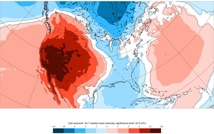 De weerkaart laat zien dat de hele komende week de temperatuurafwijking ten opzichte van normaal meer dan 10 graden is aan de westkust van de VS.