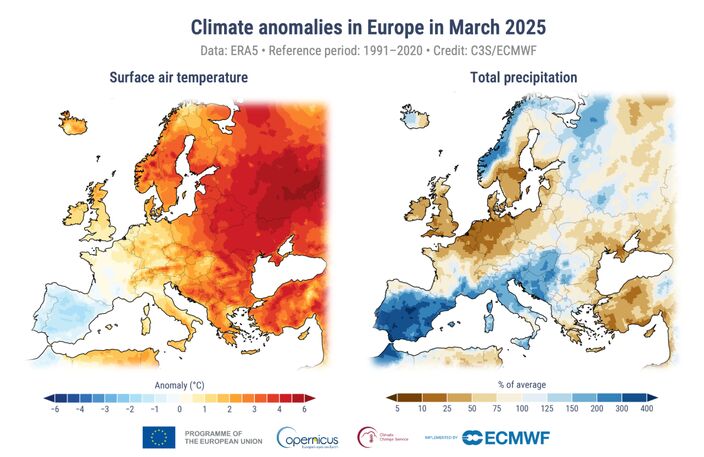 Foto gemaakt door C3S/ECMWF - Afwijkingen in temperatuur en neerslag in Europa in maart, ten opzichte van de periode 1991-2020