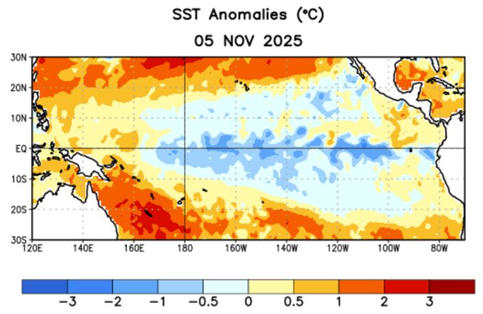 Foto gemaakt door NOAA - Afwijkingen in de zeewatertemperatuur van de tropische Stille Oceaan duiden op La Niña Foto gemaakt door NOAA - Afwijkingen in de zeewatertemperatuur van de tropische Stille Oceaan duiden op La Niña