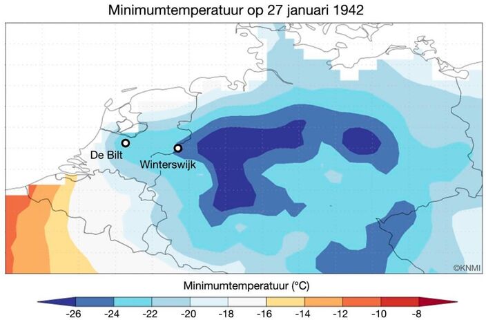 Foto gemaakt door KNMI - De minimumtemperatuur op 27 januari 1942. Op uitgebreide schaal vroor het meer dan twintig graden, met de laagste temperaturen in het oosten van het land.