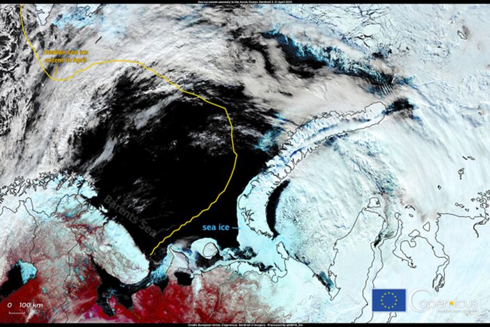 Foto gemaakt door Copernicus.eu - Barentszzee  - Satellietbeeld van de Barentszzee genomen door Sentinel-3 satelliet op 21 april 2021.