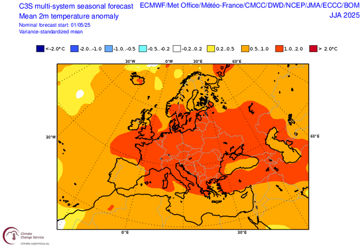 Foto gemaakt door Copernicus Climate Change Service (C3S) - Positieve temperatuurafwijkingen voor de periode juni-augustus geven verhoogde gemiddelde temperaturen in Europa
