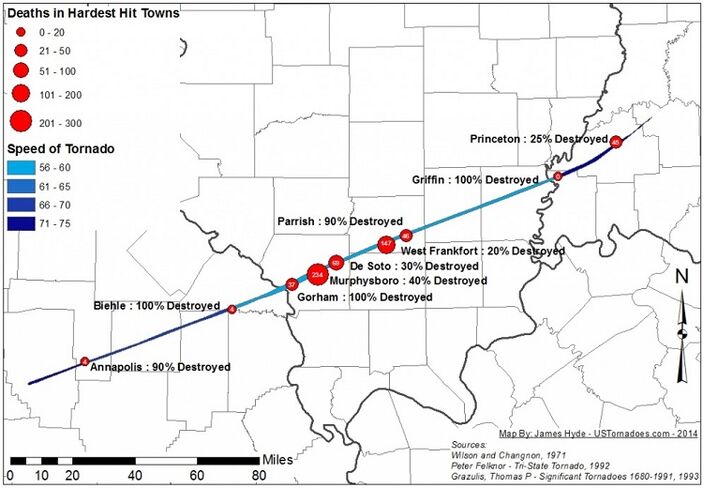 Foto gemaakt door USTornadoes.com - De dodelijkste tornado in de VS ooit trof de staten Missouri, Illinois en Indiana op 18 maart 1925. Bijna 700 mensen kwamen om. Wat gebeurde er die dag?
