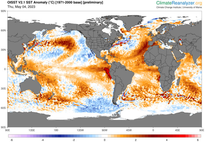 Foto gemaakt door Climate Reanalyzer - De wereldzeeën zijn op dit moment recordwarm en Europa doet daarbij volop mee. Vooral in het zuidwesten is de zeewatertemperatuur nu extreem hoog. 