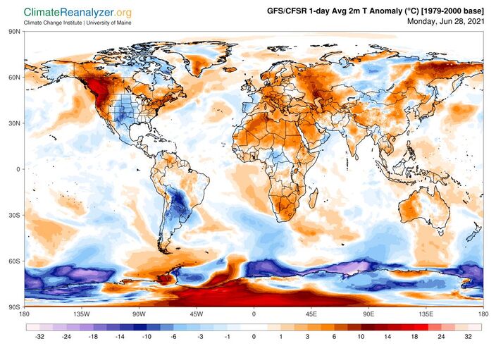 Foto gemaakt door Climate Reanalyzer - Wereld - Boven het westen van Canada en de USA is het extreem heet