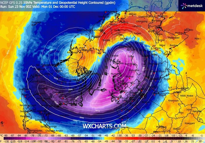 Foto gemaakt door WXCharts - Koude lucht bevindt zich boven Europa en Rusland, warme lucht is juist aanwezig boven Canada en Alaska