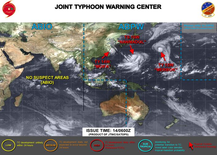 Foto gemaakt door Joint Typhoon Warning Center - Hawaï - De inwoners van de grootste stad van China Shanghai, waar ongeveer 40 miljoen mensen wonen, maken zich op voor de komst van de tyfoon Muifa.