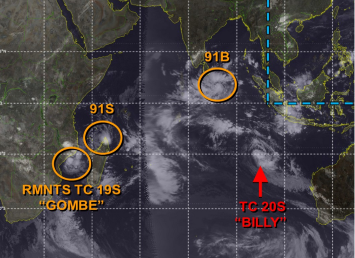 Foto gemaakt door Joint Tyfoon Warning Center - Indische Oceaan - Vier systemen boven de Indische Oceaan worden momenteel goed in de gaten gehouden.