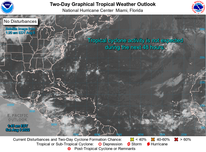 Foto gemaakt door National Hurricane Center - Miami - Waar blijft het ons beloofde actieve orkaanseizoen in de Atlantische sector? Er zouden meer orkanen dan normaal komen, maar tot nu toe heerst vooral, de rust. Ook vanochtend geen bijzonderheden.