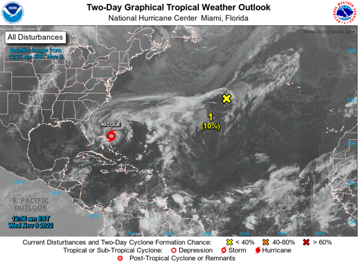 Foto gemaakt door National Hurricane Center - Miami - Een tropische storm, die de afgelopen dagen in de buurt van de Amerikaanse staat Florida ontstond, lijkt indirect ook op het Nederlandse weer van invloed.