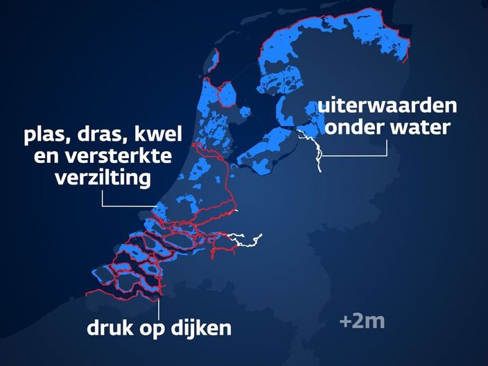 Foto gemaakt door Universiteit Utrecht / Nieuwsuur - De gevolgen van 2 meter zeespiegelstijging in Nederland. Lichtblauwe delen verzilten of worden moerasgebieden.