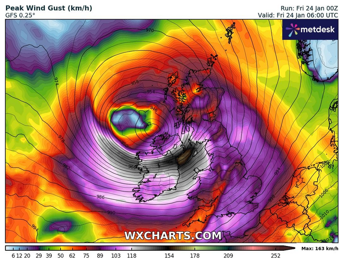 De zwaarste windstoten van Éowyn werden berekend voor Ierland. Gemaakt met WXCharts