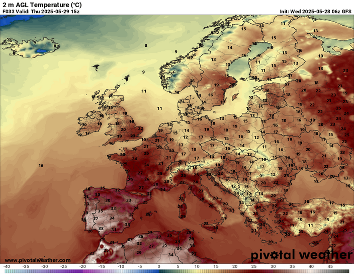 Kaart van zomerse tot tropische temperaturen in Zuidwest-Europa. In delen van Portugal en Spanje heerst deze week een hittegolf.