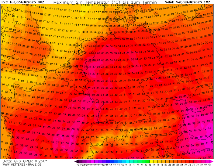 Het Amerikaanse weermodel GFS komt met een zeer warme berekening voor de temperaturen in Europa op zaterdag 9 augustus. Gemaakt op Wetterzentrale.de