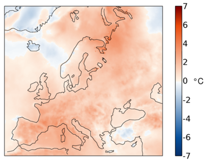 Foto gemaakt door Copernicus  - De temperatuuranomalie in Europa in de zomer van 2022 ten opzichte van het langjarig gemiddelde (1991-2020).