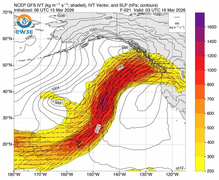 De atmosferische rivier die richting het westen van Noord-Amerika stroomt