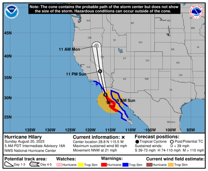 Foto gemaakt door NHC (National Hurricane Center) / NOAA - De huidige positie en het verwachte traject van Hurricane Hilary. 