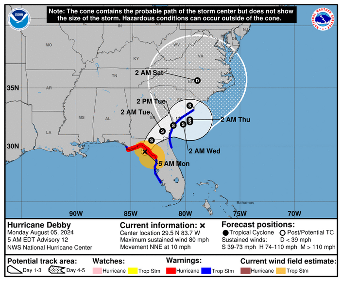 Het waarschijnlijke pad dat Debby zal gaan volgen. © NOAA (NHC)