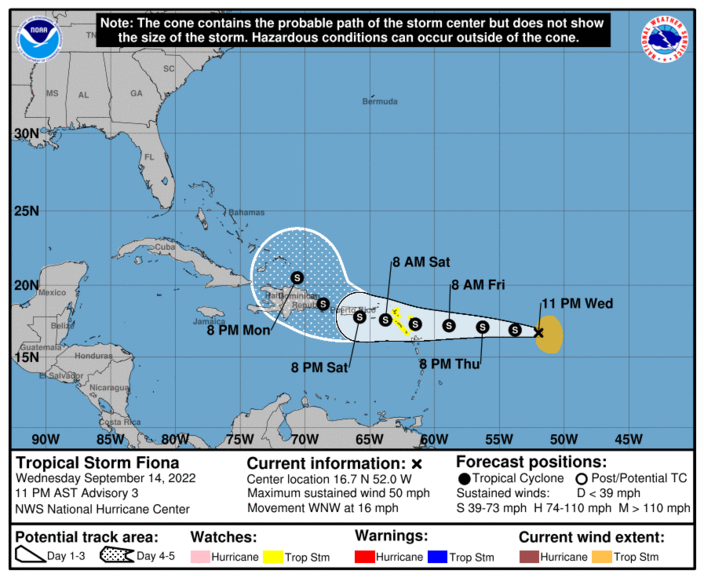 Foto gemaakt door National Hurricane Center - Miami - Boven de Oceaan is een tropische storm ontstaan. Fiona koerst recht op Saba, Sint-Eustatius en Sint-Maarten af, waar de storm morgen en zaterdag passeert. 