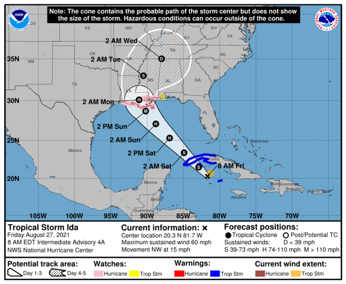 Foto gemaakt door NHC (National Hurricane Center) - Volgens de laatste verwachtingen zal Ida mogelijk als "Major Hurricane" aan land komen in Louisiana. 