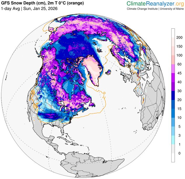 Foto gemaakt door Climate Reanalyzer - In het overgrote deel van de Verenigde Staten ligt nu sneeuw door de winterstorm Foto gemaakt door Climate Reanalyzer - In het overgrote deel van de Verenigde Staten ligt nu sneeuw door de winterstorm