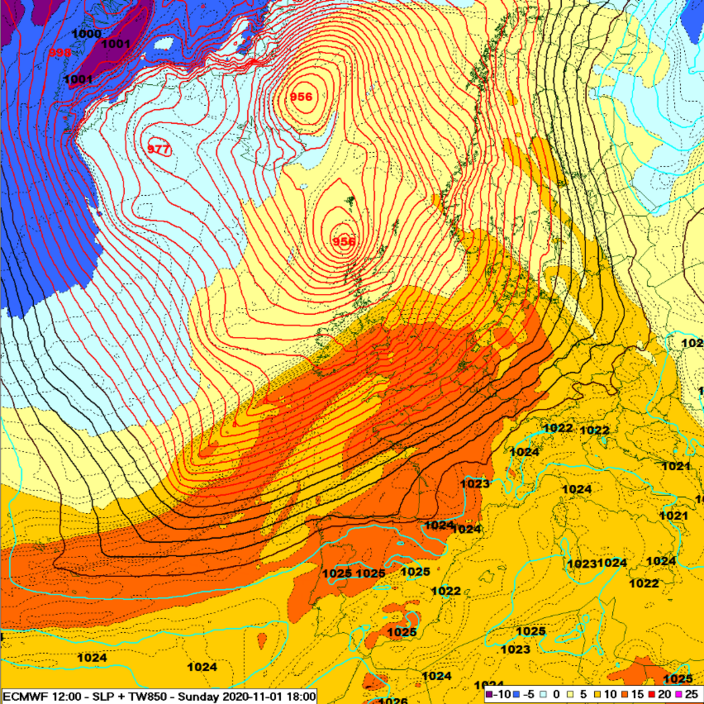 Foto gemaakt door ECMWF - Warme lucht stroomt vanuit het zuiden naar Nederland.