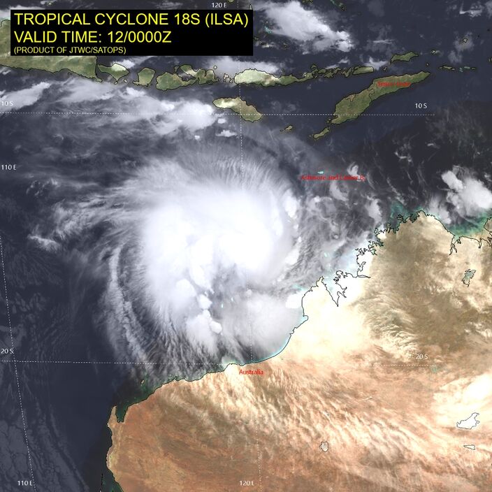 Foto gemaakt door Joint Typhoon Warning center - Australië - Bij de noordkust van Australië heeft zich een sterke cycloon gevormd, Ilsa. Mogelijk groeit Ilsa de komende 36 uur tot een categorie-5 orkaan uit, alvorens aan land te gaan. 