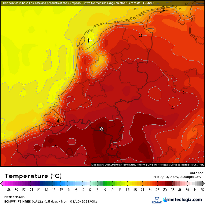 Foto gemaakt door Meteologix (ECMWF) - Temperatuurkaart voor vrijdag 13 juni 2025 toont tropische temperaturen van boven de 30 graden in grote delen van Nederland.