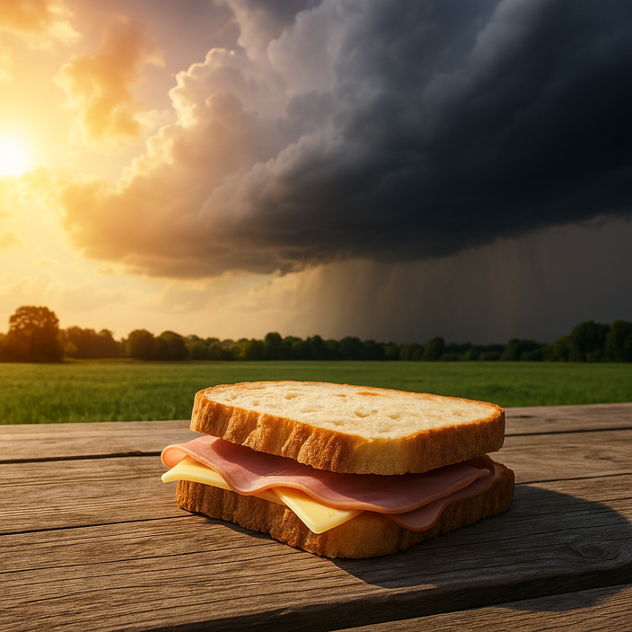Tijdens warm en broeierig zomerweer moet je niet je boterham te lang buiten laten liggen. Gemaakt met ChatGPT (AI foto).
