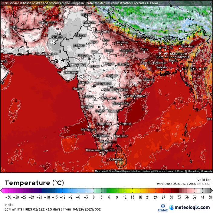 Foto gemaakt door Meteologix.com - Op 30 april werden temperaturen van tussen de 40 en 48 graden gemeten in India en Pakistan