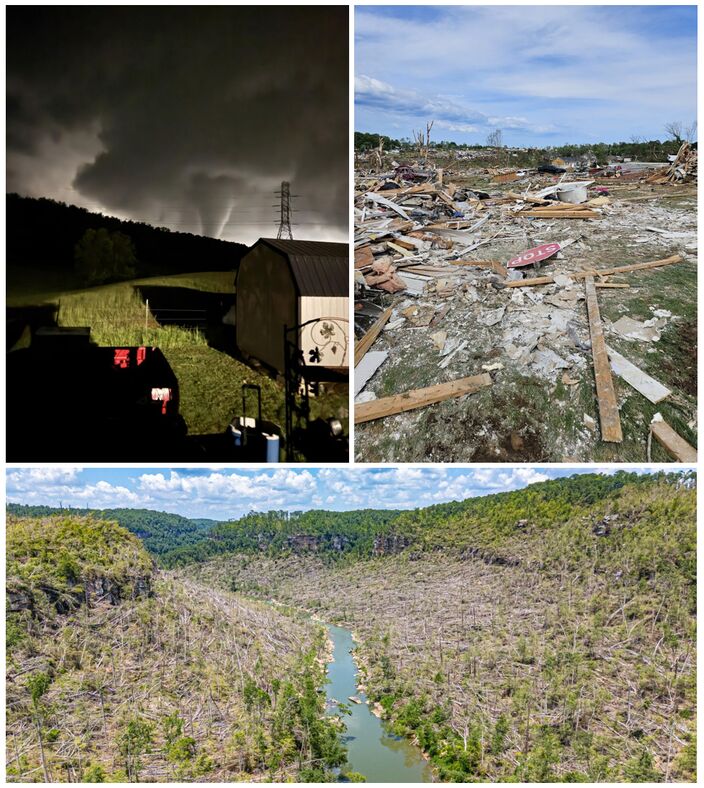 Foto gemaakt door Kim Goff & NWS Storm Survey & Johnnie Nicholson - Kentucky, VS - De krachtige EF4 Somerset-London tornado in de avond van 16 mei 2025 was alleen zichtbaar wanneer het werd verlicht door de bliksem (links). De enorme schade omvatte weggevaagde huizen en platgelegde stukken bos (rechts/onder).